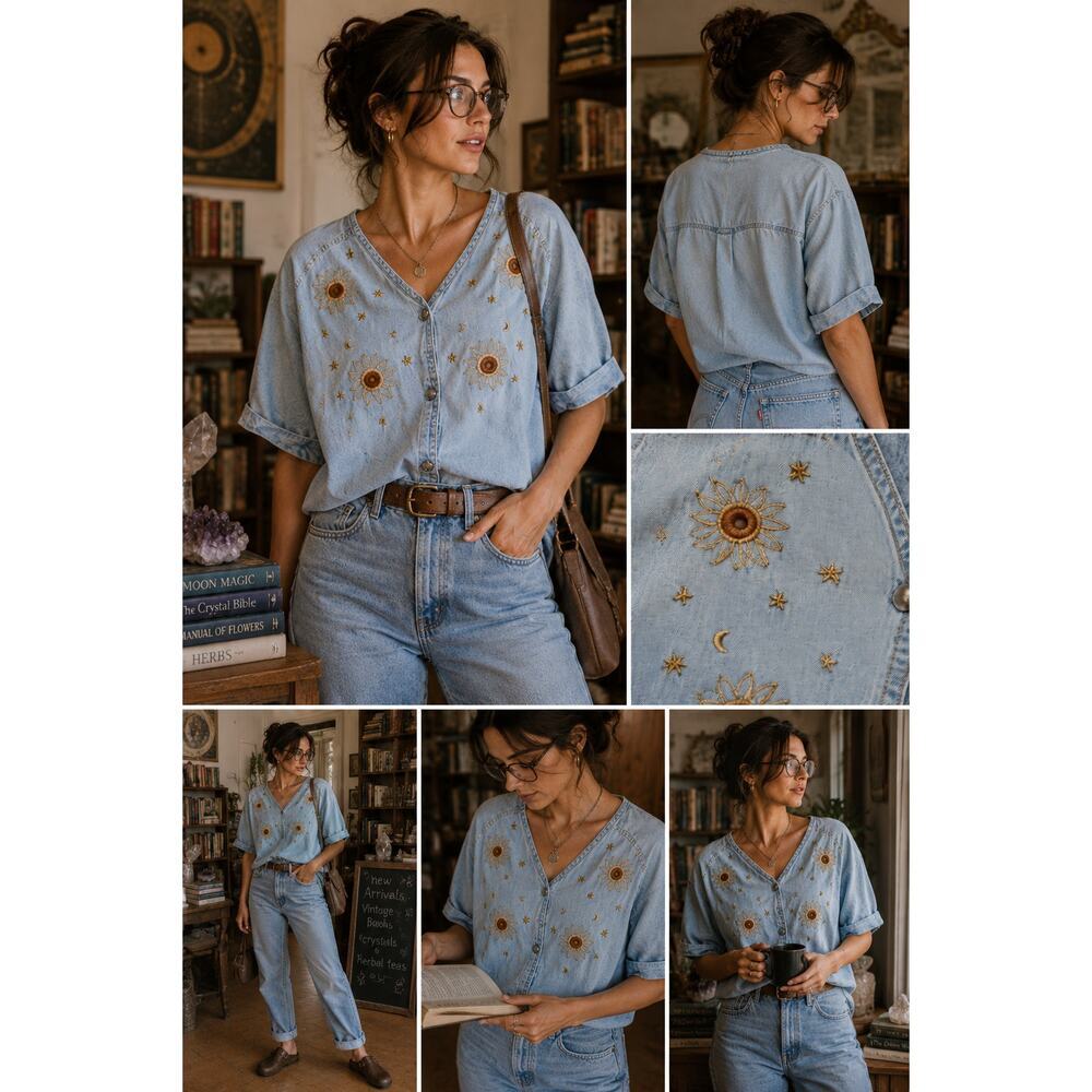Vintage 90s Bingo! Bingo! Denim Top | Boho Cottagecore Sun Moon Stars | Size 8P